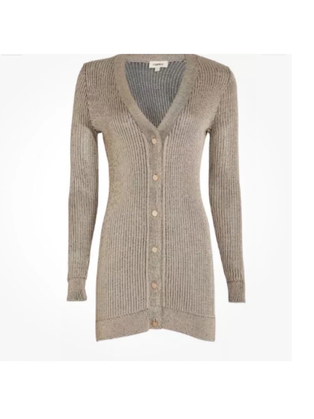 L'AGENCE  Millie Cardigan Long Ribbed Taupe Gold Metallic - Picture 2 of 10
